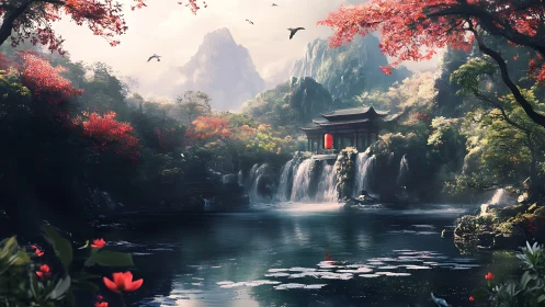 Serene temple by waterfalls in lush red autumn valley.