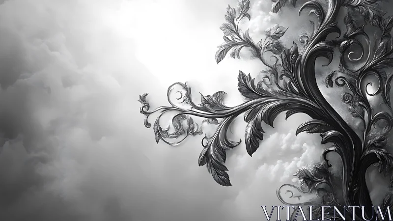 Ornate metallic tree silhouette contrasts against diffuse cloud field