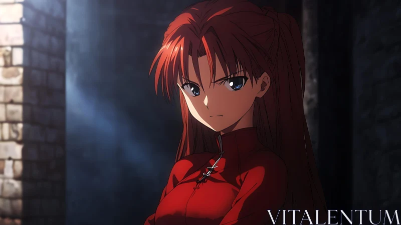 Red haired anime girl stands in dim stone corridor light