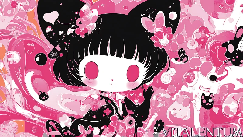 Anime chibi girl in saturated pink kawaii vector field.
