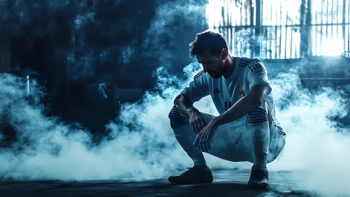 Backlit footballer in industrial fog with cinematic contrast.