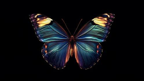 High-contrast iridescent butterfly rendered against pure black