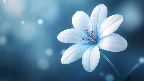 White flower petals radiate from red stamens against blue bokeh background
