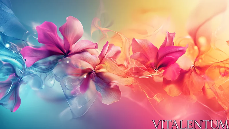 Abstract digital floral composition in blended vivid colors.