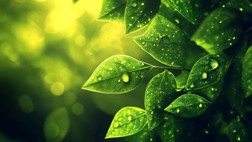 Macrophotographic foliage with dew under luminous bokeh field.