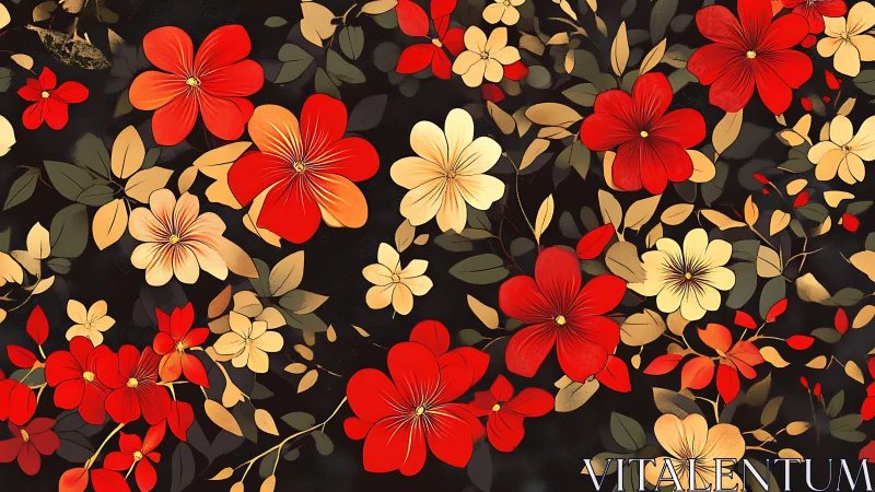 Layered floral composition with chromatic contrast: red and cream blooms on dark ground