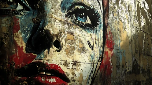 Fragmented female face mural on distressed urban wall.