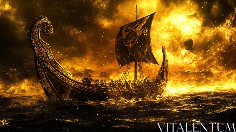 Viking longship charging through infernal golden surf.