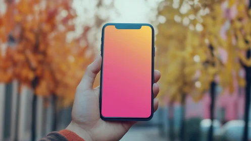 Smartphone Display Glowing with Warm Gradient in Autumn Setting.