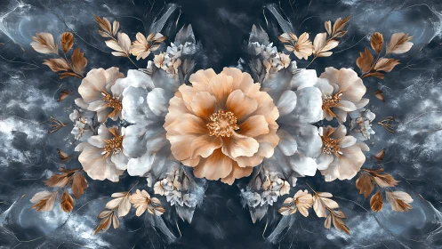 Symmetrical beige and white peonies form mirrored floral mandala