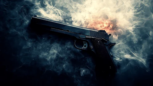 Smoky semi-automatic pistol rendered with dramatic low-key lighting