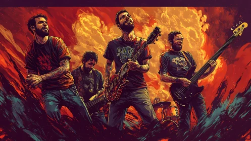 Rock band illustration against fiery abstract backdrop.