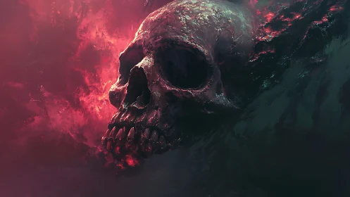 Molten crimson skull emerges from abyssal shadowed void