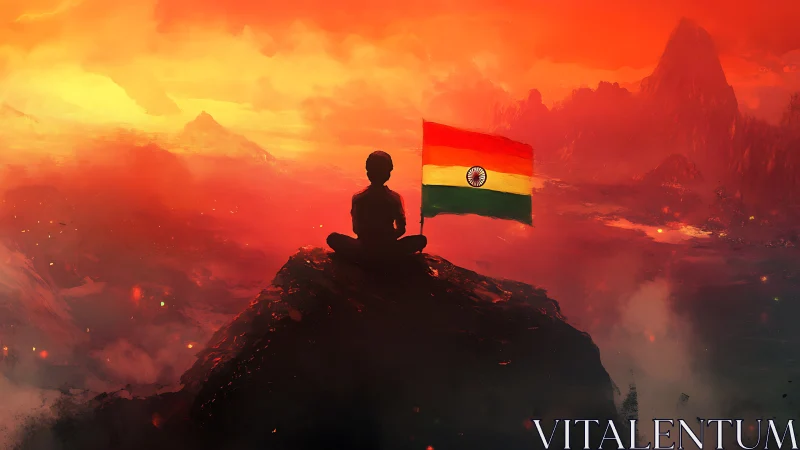 Solitary summit sage with Indian flag at ember dawn.