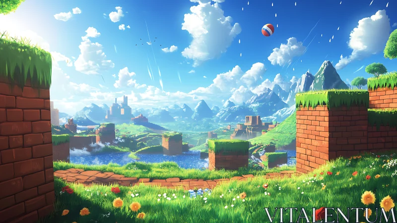 Lush voxel valley with brick platforms under radiant sky.