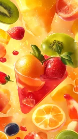 Vibrant digital art of mixed fresh fruits in motion.