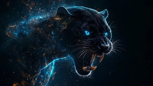 Panther Head with Neon Particle Cascade: Luminescent Eyes and Dynamic Plasma Effects