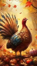 Autumn turkey portrait with radiant plumage and pumpkins.