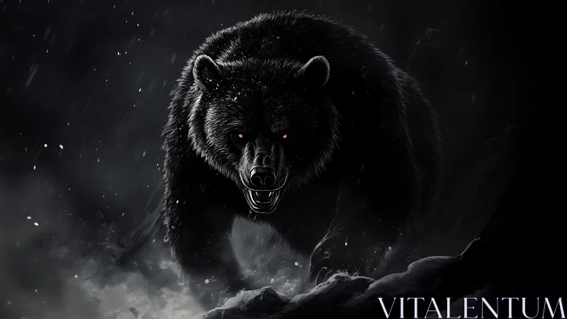 Black bear advances through dark snowy environment at night