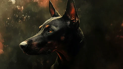 Doberman profile portrait in dramatic dark lighting.