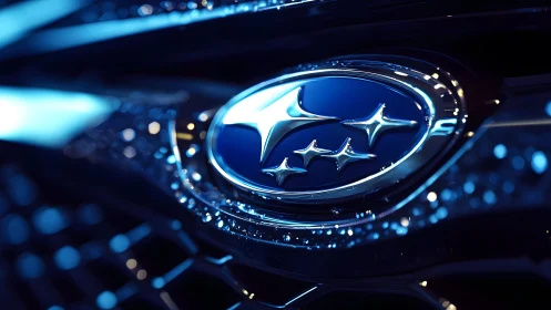 Close-up of Subaru Car Emblem with Glossy Blue Lighting Effect.