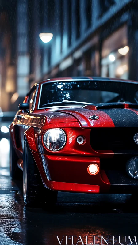 Low-angle view of wet red muscle car under urban night rain