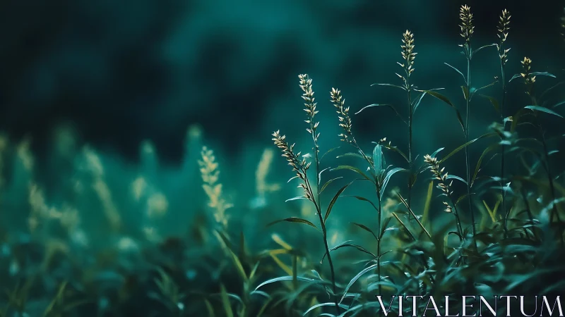 Shallow-depth botanical stalks in teal-toned bokeh field.