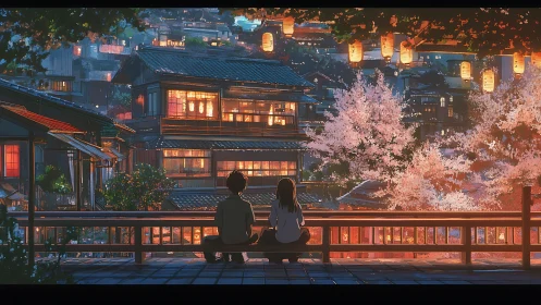 Twilight cherry blossoms over lantern lit hillside village scene.