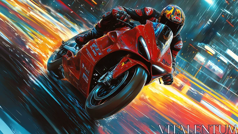 High-speed superbike cornering on neon-lit wet city street