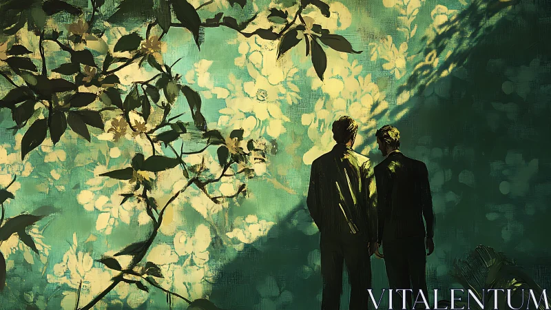 Two figures before floral wall under filtered daylight.