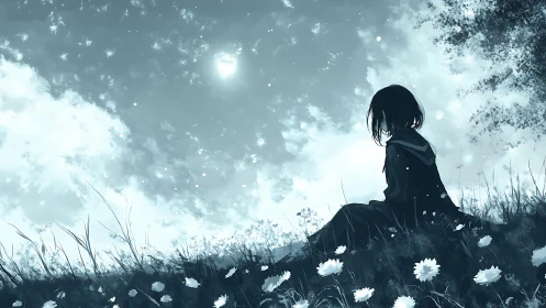 Sky-gazing girl on a wildflower hill of quiet questions.