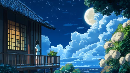 Moonlit wooden balcony with solitary figure under cumulus sky