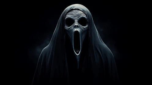 Hooded skeletal figure with elongated mask on dark background.