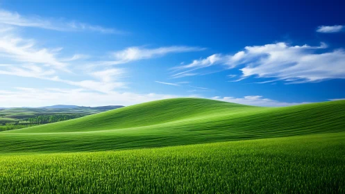 Rolling grassland hill under deep blue sky with cirrus clouds