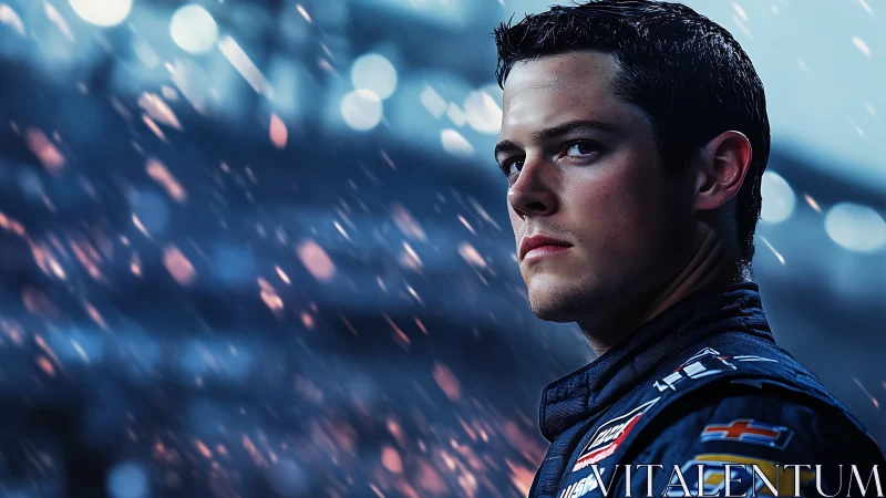 Focused race car driver stares ahead in dramatic blue light.