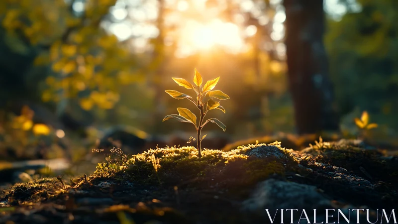 Young plant sprouting in forest, glowing sunrise, natural style.
