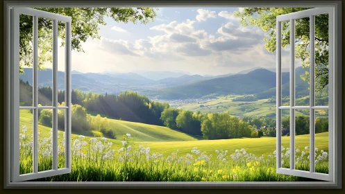 Open window framing luminous valley hills and wildflowers.