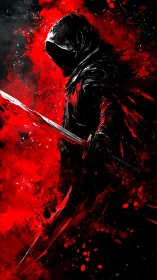 Hooded figure holds sword amid red and black splatter field