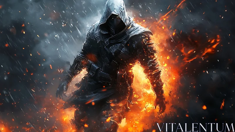 Hooded firewalker strides through storm and shattering embers.