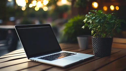 Laptop on wooden patio table beside plant at sunset.