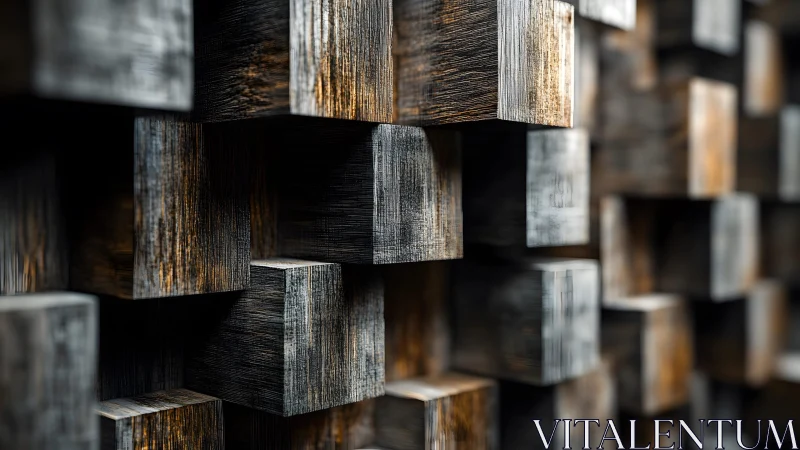 Geometric wooden blocks wall in modern abstract design style.