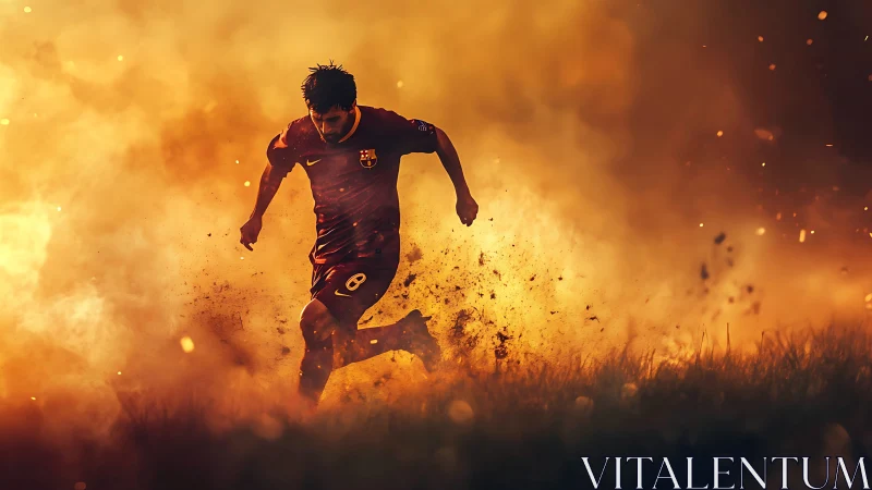 Soccer player charges through fiery smoke on the field.