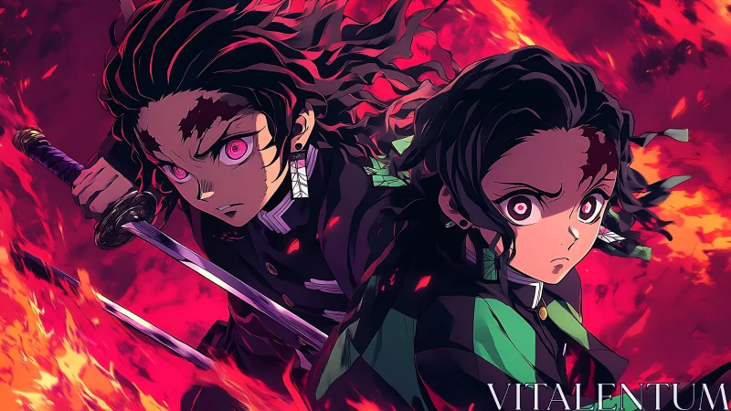 Twin anime warriors stand defiant amid blazing scarlet fire