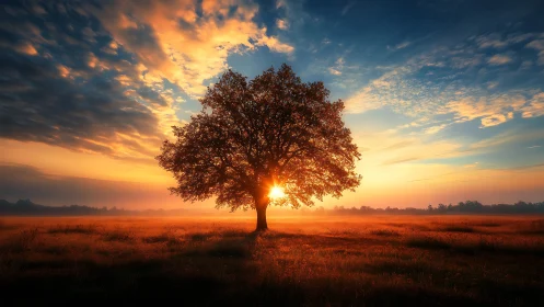 Solitary tree stands in open field with sun aligned behind