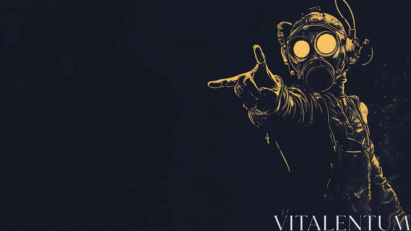 Gas mask figure reaches outward in stark yellow contrast