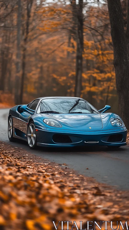 Blue sports car on forest road with autumn foliage backdrop.
