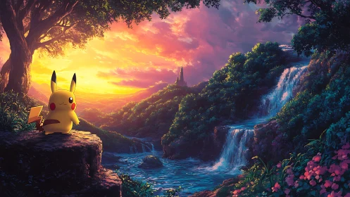 Pikachu on cliff at vivid sunset over lush waterfalls.