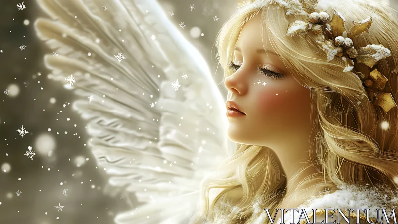 Digital painting of serene snow angel in soft golden light.