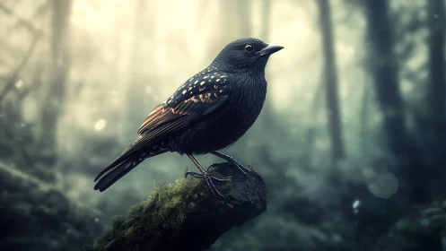 Majestic blackbird on mossy branch in dreamy forest, digital art.