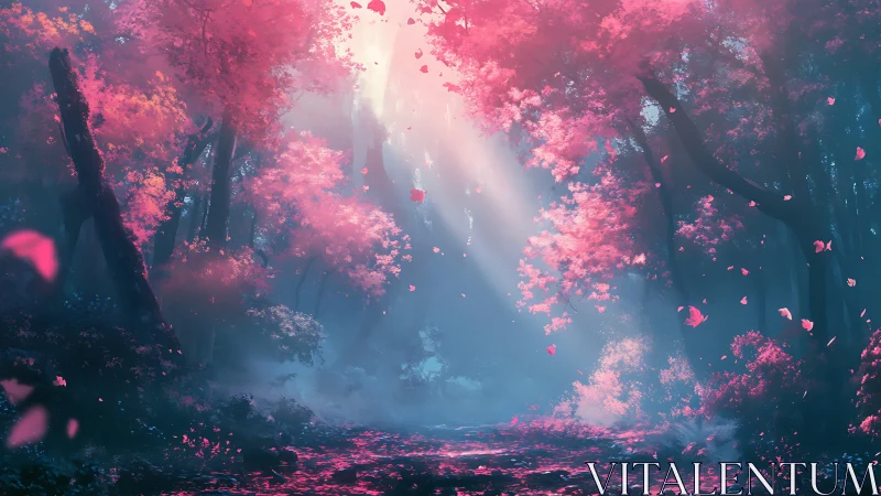 Luminous forest passage with atmospheric light through dense pink foliage